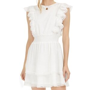 NEW Sage The Label Cap Sleeve Ruffled Fit & Flare Dress White Smocked Ruffle